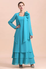 Gorgeous Square Neck Flowers Layers Mother of Bride Dress with Long Wraps-misshow.com