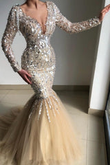 Gorgeous V-Neck Long-Sleeve Mermaid Floor-Length Prom Dresses with Sequins-misshow.com