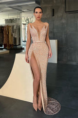 Gorgeous V-neck Sleeveless Long Mermaid Prom Dress With Slit-misshow.com