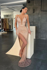 Gorgeous V-neck Sleeveless Long Mermaid Prom Dress With Slit-misshow.com