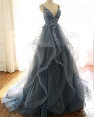 Gorgeous V Neck Spaghetti Straps Dark Blue Prom Dress With Ruffles-misshow.com