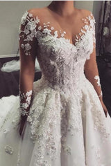 Gorgeous White 3D Floral Lace Wedding Dress Jewel Neck Tulle Aline Bridal Dress with Long Sleeves-misshow.com