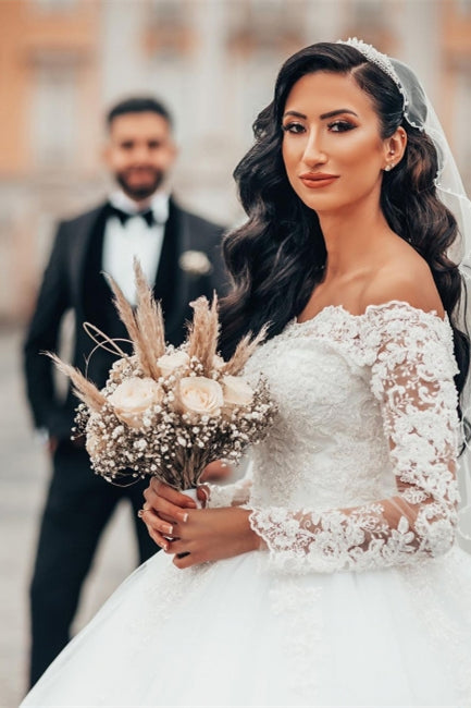 Gorgeous White Long Sleeves Lace Ball Gown Aline Floral Tulle Wedding Dresses-misshow.com