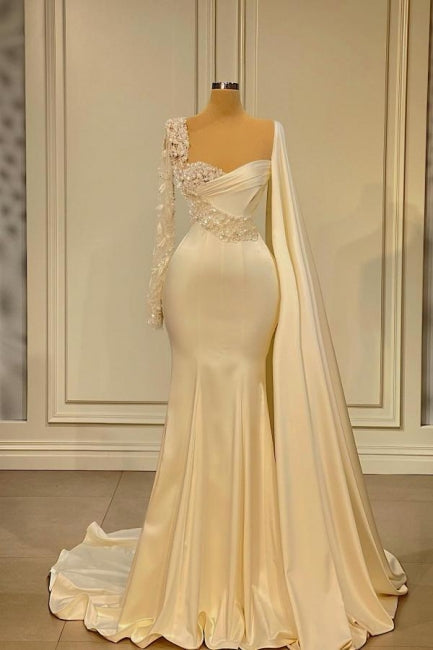 Gorgeous White Sweetheart Long Sleeves Beading Mermaid Prom Dresses-misshow.com