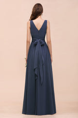 Gray Side Split Bridesmaid Dress V-Neck Sleeveless Floor Length dress for Bride-misshow.com