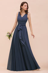 Gray Side Split Bridesmaid Dress V-Neck Sleeveless Floor Length dress for Bride-misshow.com