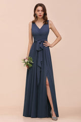 Gray Side Split Bridesmaid Dress V-Neck Sleeveless Floor Length dress for Bride-misshow.com