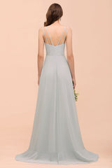 Grey Bridesmaid Dress Spaghetti V-Neck Ruffle Beach Wedding Party Dress-misshow.com