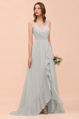 Grey Bridesmaid Dress Spaghetti V-Neck Ruffle Beach Wedding Party Dress-misshow.com