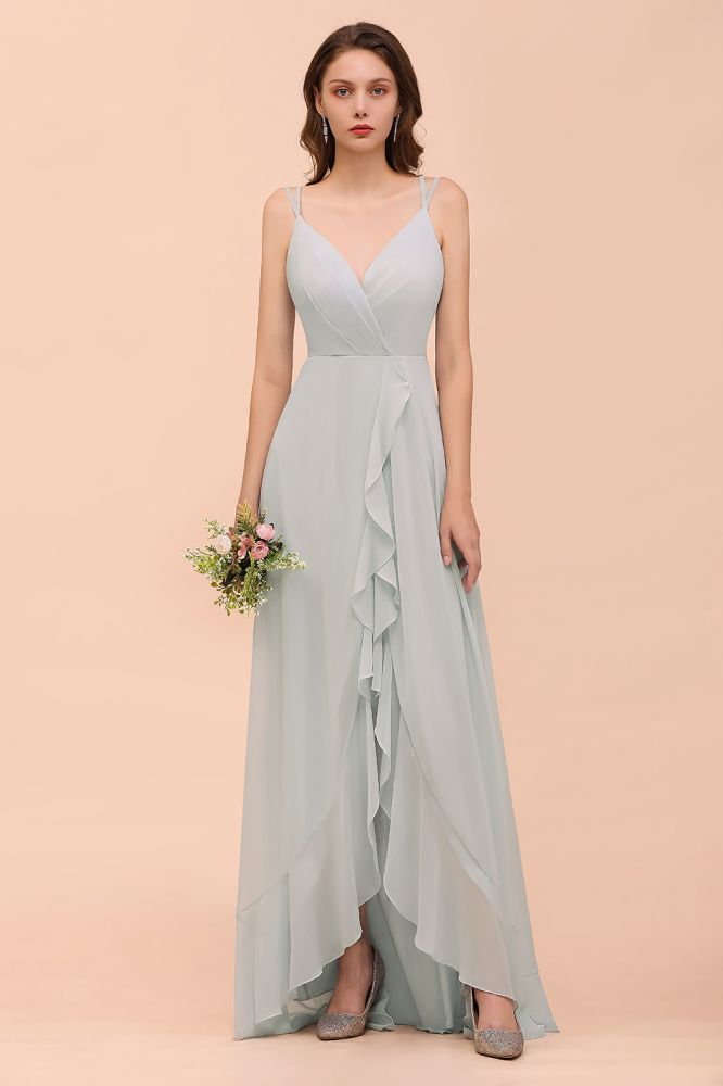 Grey Bridesmaid Dress Spaghetti V-Neck Ruffle Beach Wedding Party Dress-misshow.com