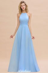 Halter Backless Beach Bridesmaid Dress Chiffon Garden Wedding Party Dress-misshow.com