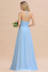 Halter Backless Beach Bridesmaid Dress Chiffon Garden Wedding Party Dress-misshow.com