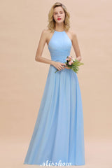 Halter Backless Beach Bridesmaid Dress Chiffon Garden Wedding Party Dress-misshow.com