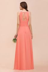 halter Beach Bridesmaid Dress Girls Coral Floor Length Wedding Party Dress-misshow.com