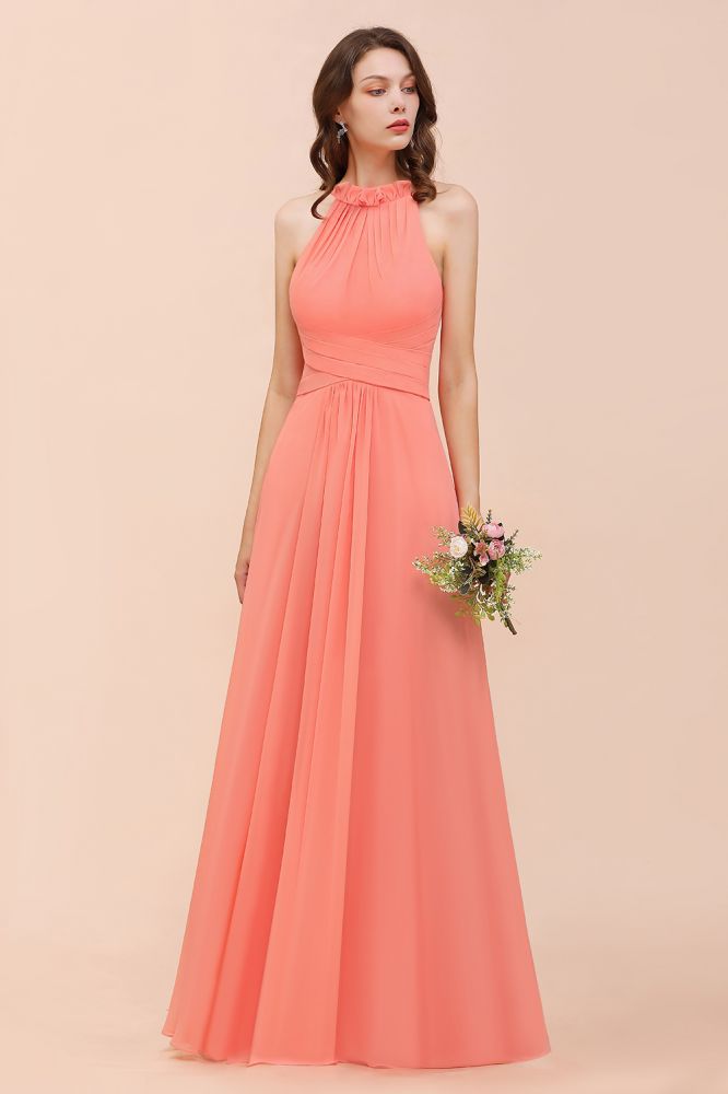 halter Beach Bridesmaid Dress Girls Coral Floor Length Wedding Party Dress-misshow.com