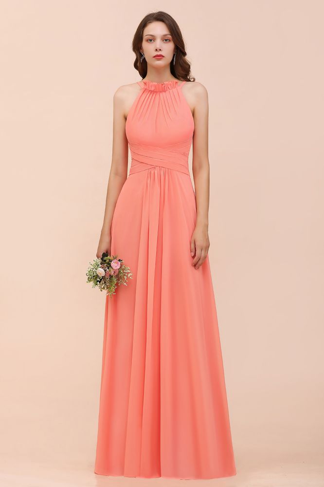 halter Beach Bridesmaid Dress Girls Coral Floor Length Wedding Party Dress-misshow.com