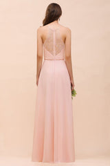 Halter Bridesmaid Dress Pink Floor Length Formal Event Dress-misshow.com