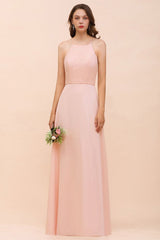 Halter Bridesmaid Dress Pink Floor Length Formal Event Dress-misshow.com