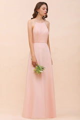 Halter Bridesmaid Dress Pink Floor Length Formal Event Dress-misshow.com