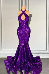 Halter Cross Shiny Sequins Purple Mermaid Prom Dresses