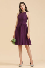 Halter Lace Bridesmaid Dress Chiffon Sleeveless Short Dress-misshow.com