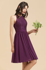 Halter Lace Bridesmaid Dress Chiffon Sleeveless Short Dress-misshow.com