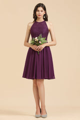 Halter Lace Bridesmaid Dress Chiffon Sleeveless Short Dress-misshow.com