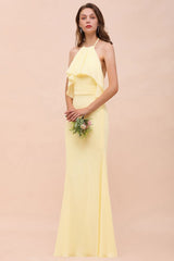 Halter Mermaid Chiffon Girls Bridesmaid Dress Yellow Floor length Beach Wedding Dress-misshow.com