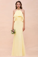 Halter Mermaid Chiffon Girls Bridesmaid Dress Yellow Floor length Beach Wedding Dress-misshow.com