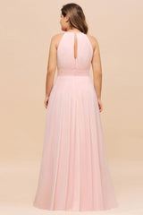 Halter Pink Bridesmaid Dress Plus Size Chiffon Wedding party Dress for Girls-misshow.com