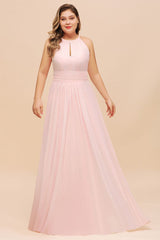 Halter Pink Bridesmaid Dress Plus Size Chiffon Wedding party Dress for Girls-misshow.com