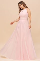 Halter Pink Bridesmaid Dress Plus Size Chiffon Wedding party Dress for Girls-misshow.com