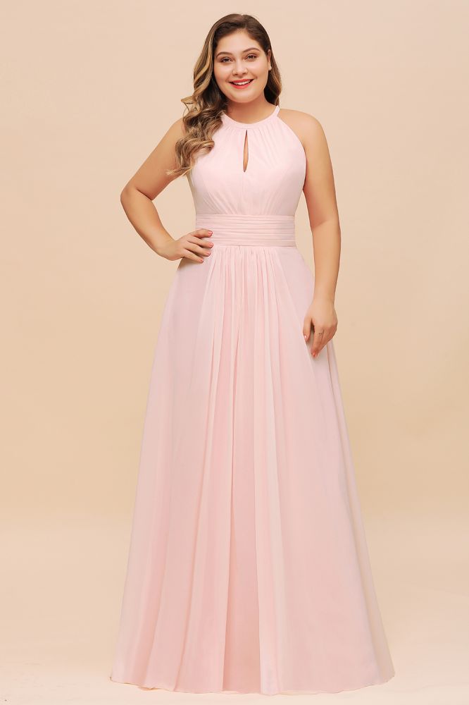 Halter Pink Bridesmaid Dress Plus Size Chiffon Wedding party Dress for Girls-misshow.com