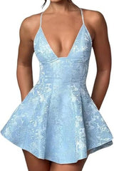 Charming Halter Satin Mini Homecoming Dress Ruffle Floral Jacquard Short Party Dress for Girls