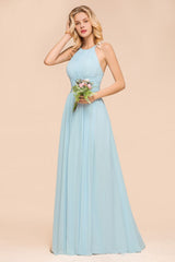 Halter Sky Blue Floor Length Bridesmaid Dress online Sleeveless A-line party Dress-misshow.com