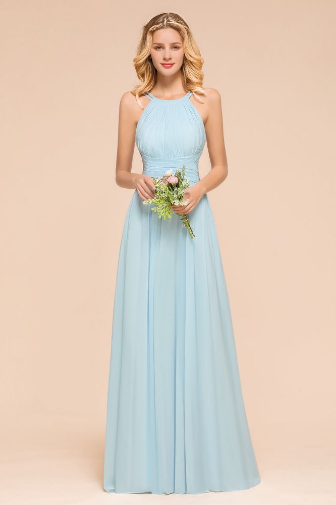 Halter Sky Blue Floor Length Bridesmaid Dress online Sleeveless A-line party Dress-misshow.com