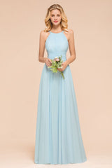 Halter Sky Blue Floor Length Bridesmaid Dress online Sleeveless A-line party Dress-misshow.com