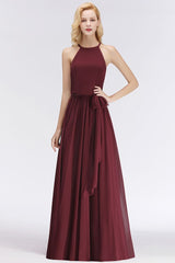 Looking for Bridesmaid Dresses in 100D Chiffon, A-line style, and Gorgeous Ruffles work  MISSHOW has all covered on this elegant Halter Sleeveless A-line Burgundy Ruffles Chiffon Bridesmaid Dresses