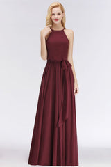 Looking for Bridesmaid Dresses in 100D Chiffon, A-line style, and Gorgeous Ruffles work  MISSHOW has all covered on this elegant Halter Sleeveless A-line Burgundy Ruffles Chiffon Bridesmaid Dresses