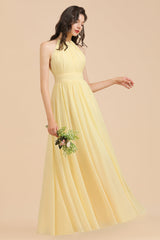 Halter Sleeveless Daffodil Chiffon Bridesmaid Dress with Ruffles-misshow.com