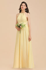 Halter Sleeveless Daffodil Chiffon Bridesmaid Dress with Ruffles-misshow.com