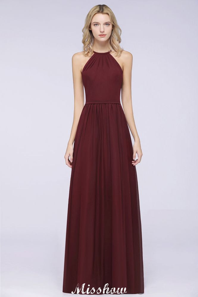 MISSHOW offers Halter Sleeveless Floor-Length Bridesmaid Dress with Ruffles at a good price from 100D Chiffon to A-line Floor-length them. Lightweight yet affordable home,beach,swimming useBridesmaid Dresses.