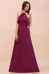 Halter Sleeveless Purple Bridesmaid Dress with Side Pockets-misshow.com