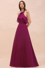 Halter Sleeveless Purple Bridesmaid Dress with Side Pockets-misshow.com