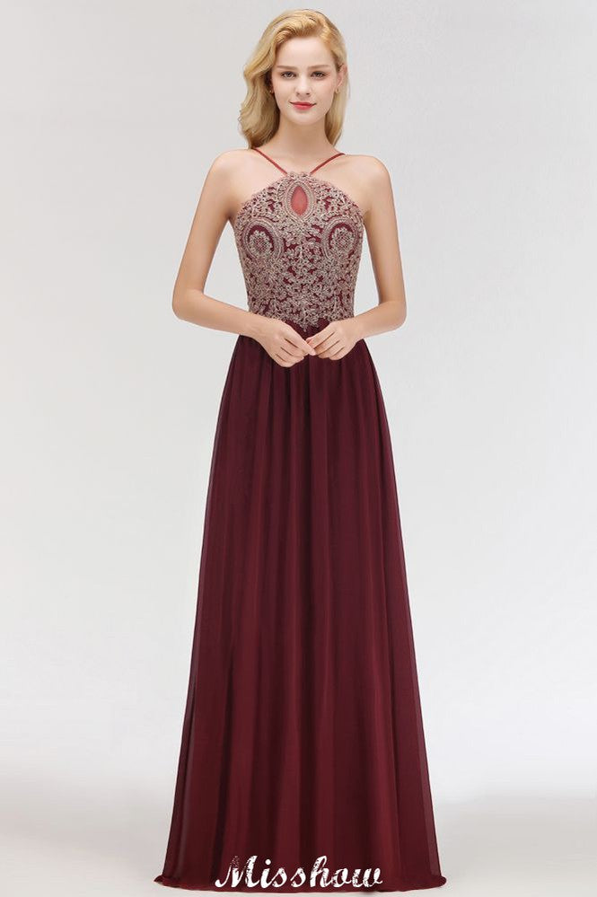 MISSHOW offers Halter Spaghetti Gold Appliques Swing Dress Sleeveless Tulle Chiffon Evening Maxi Dress at a good price from 100D Chiffon to A-line Floor-length them. Lightweight yet affordable home,beach,swimming useBridesmaid Dresses.