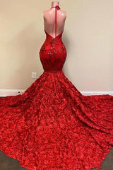 Halter Spaghetti Strapes Glitter Floral Lace Mermaid Prom Dress-misshow.com