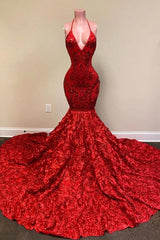 Halter Spaghetti Strapes Glitter Floral Lace Mermaid Prom Dress-misshow.com