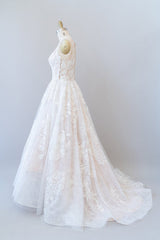 Illusion Appliques Tulle A-line Wedding Dress-misshow.com