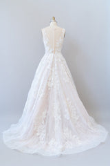 Illusion Appliques Tulle A-line Wedding Dress-misshow.com