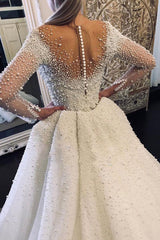 Ivory Long Sleeves Despatchable Train V-neck Button Wedding Dress with Fully coverd Pearls-misshow.com